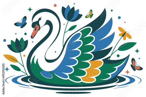 Stylized illustration of graceful swan swimming peacefully among vibrant flowers and fluttering butterflies in water