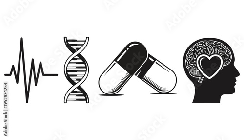Medical icon set including DNA, pills, and heart in brain silhouette