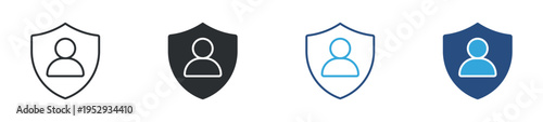 User protection icon set. Person inside shield, account security, privacy protection and data safety concept. Vector illustration.