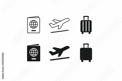 Icon set of passport, airplane, and suitcase for travel essentials