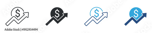 Financial growth icon set. Dollar symbol with upward arrow, business profit increase and investment growth concept. Vector illustration.