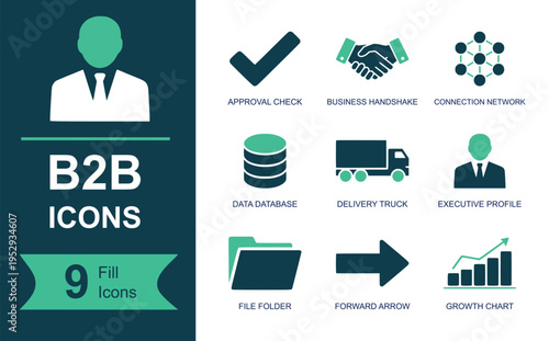 B2B icon set. Containing approval check, handshake, network connection, database, delivery truck, executive profile, file folder, forward arrow, growth chart and more. Solid vector icons.