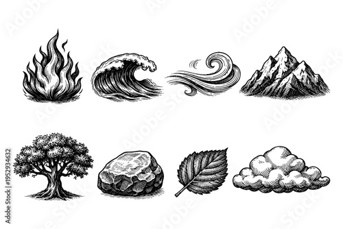 Vintage woodcut illustrations of the four classical elements and nature symbols