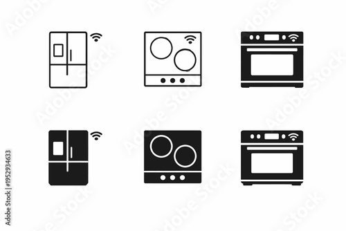 Smart kitchen appliances icons: refrigerator, stove, oven with wi-fi symbols