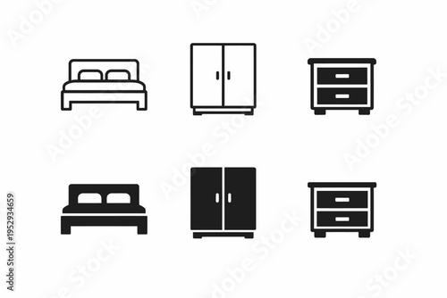 Minimalist bedroom furniture icons: bed, wardrobe, nightstand in black and white