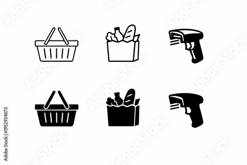 Icons of shopping baskets, grocery bags, and barcode scanners in black and white designs
