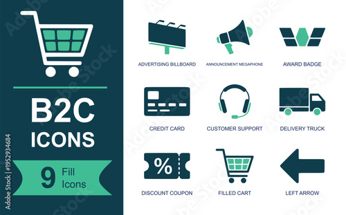 B2C icon set. Containing advertising billboard, megaphone, award badge, credit card, customer support, delivery truck, discount coupon, cart, left arrow and more. Solid vector icons.