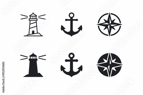 Nautical icons: lighthouse, anchor, and compass symbols in black and white