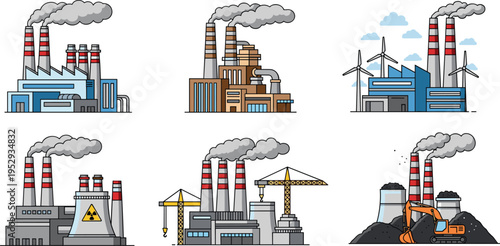 Industrial factories and energy plants set, pollution smokestacks, nuclear and coal power stations, construction industry, heavy engineering, environmental impact, vector illustration