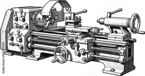 Vintage industrial lathe machine illustration, precision metalworking equipment, mechanical engineering tool, workshop turning machinery, retro manufacturing technology concept, detailed black 
