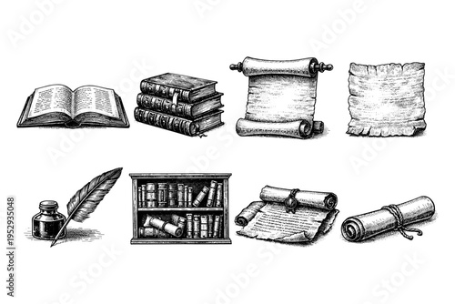 Collection of vintage writing and reading materials, including books, scrolls, and quill pen