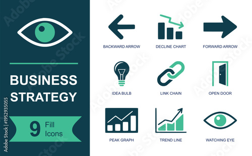 Business strategy icon set. Containing backward arrow, decline chart, forward arrow, idea bulb, link chain, open door, peak graph, trend line, watching eye and more. Solid vector icons.