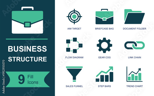 Business structure icon set. Containing aim target, briefcase bag, document folder, flow diagram, gear cog, link chain, sales funnel, step bars, trend chart and more. Solid vector icons.