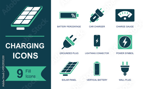Charging icon set. Containing battery percentage, car charger, charge gauge, grounded plug, lightning connector, power symbol, solar panel, battery, wall plug and more. Solid vector icons.