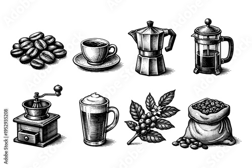 Vintage illustration of coffee making process and ingredients, from beans to brewed beverage