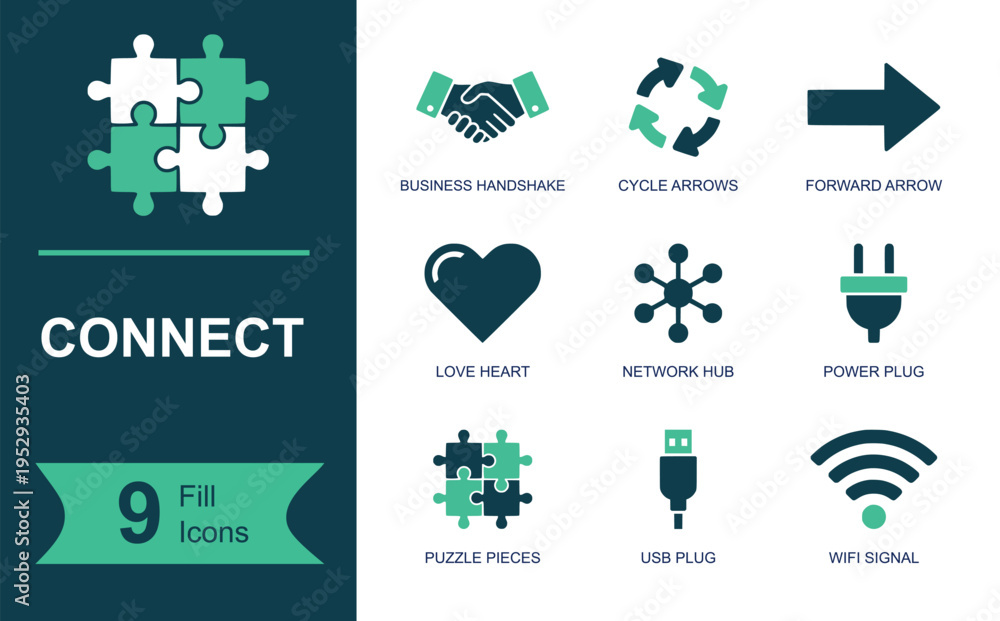 Fototapeta premium Connect icon set. Containing business handshake, cycle arrows, forward arrow, love heart, network hub, power plug, puzzle pieces, USB plug, WiFi signal and more. Solid vector icons.