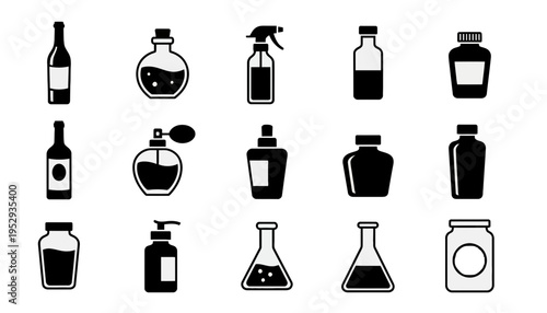 Minimalist Black Bottle Icon Set with Cosmetic Spray, Perfume, Medicine Jars, and Laboratory Flasks
