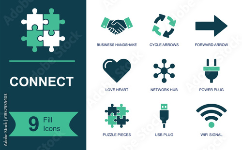 Connect icon set. Containing business handshake, cycle arrows, forward arrow, love heart, network hub, power plug, puzzle pieces, USB plug, WiFi signal and more. Solid vector icons.