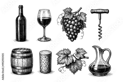 Vintage wine collection illustration with bottle, glass, grapes, barrel, corkscrew, and decanter