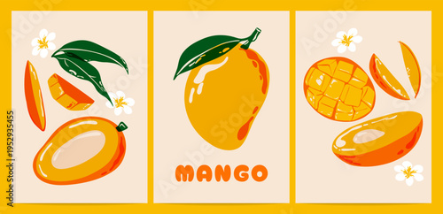 Mango posters. Vintage tropical fruit with green leaves, colorful food banners with ripe sweet mangoes. Vector abstract background set