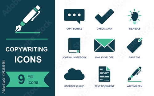 Copywriting icon set. Containing chat bubble, check mark, idea bulb, journal notebook, mail envelope, sale tag, storage cloud, text document, writing pen and more. Solid vector icons.