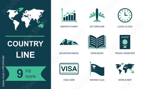 Country icon set. Containing growth chart, jet airplane, local clock, mountain range, open book, travel passport, visa card, waving flag, world map and more. Solid line vector icons.