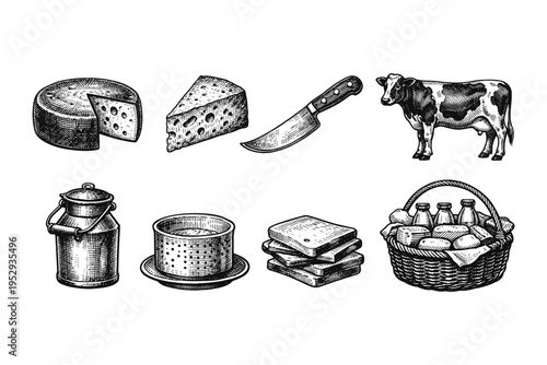 Vintage illustration of dairy products, farm animal, and kitchen tools
