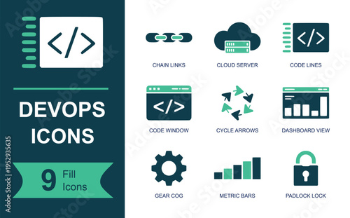 DevOps icon set. Containing chain links, cloud server, code lines, code window, cycle arrows, dashboard view, gear cog, metric bars, secure padlock, automation and more. Solid vector icons.