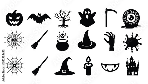 Halloween icon set including black silhouettes of spooky objects and symbols
