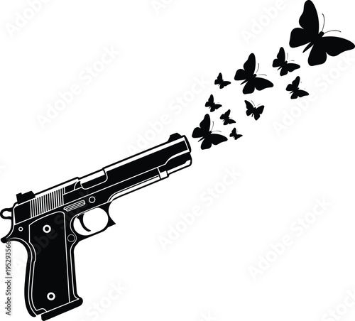 Conceptual black silhouette of a handgun shooting a swarm of butterflies representing peace, non-violence, freedom, hope, transformation, and the end of war and conflict.