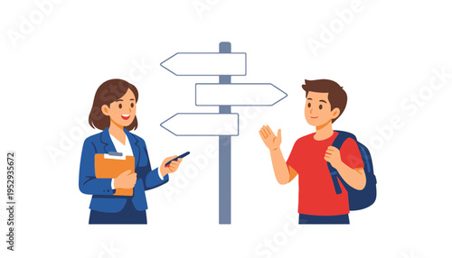 A cartoon illustration of a man and woman standing near a signpost
