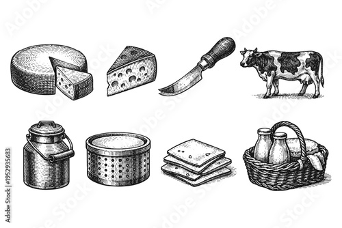 Vintage dairy farm products and cow illustration in a charming engraved style
