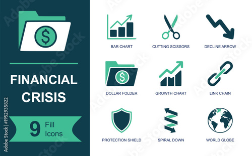 Financial crisis icon set. Containing bar chart, scissors, decline arrow, dollar folder, growth chart, chain link, shield, spiral down, globe, market risk and more. Solid vector icons.