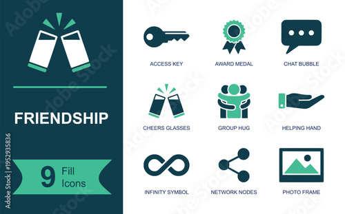 Friendship icon set. Containing access key, award medal, chat bubble, cheers glasses, group hug, helping hand, infinity symbol, network nodes, photo frame and more. Solid vector icons.
