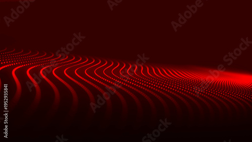 An abstract digital wave of particles. Dark background. Red glowing dots align in undulating arcs, creating an abstract flow of energy. Vector.