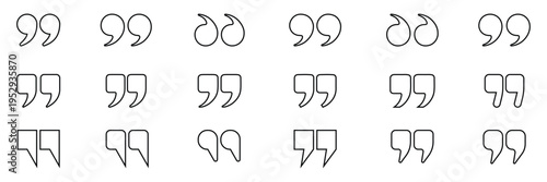 Quotation marks vector illustration set with thirty unique typographic styles, punctuation symbols, editorial design, typography element, creative writing graphic. Quote Marks Outline Icon Set. EPS 10