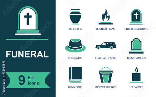 Funeral icon set. Containing ashes urn, burning flame, cross tombstone, fedora hat, funeral hearse, grave marker, hymn book, incense burner, lit candle and more. Solid vector icons.