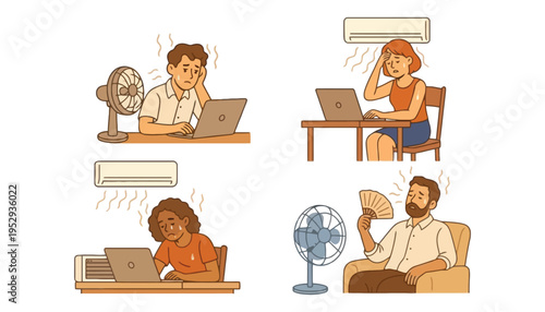 People struggling with heat while working on laptops at home and office