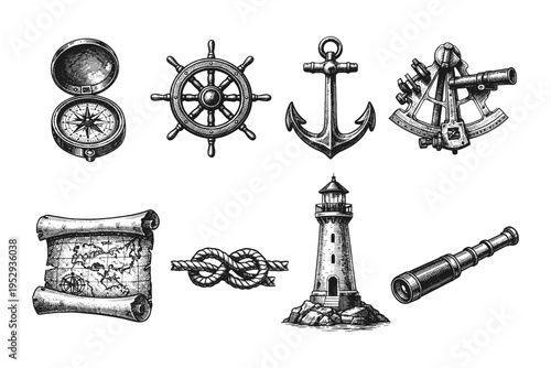 Nautical adventure icons: compass, anchor, lighthouse, ship wheel, spyglass, map, sextant, rope