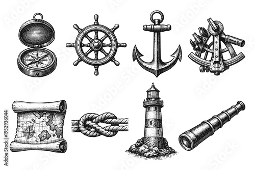 Nautical and maritime adventure icons collection with compass, anchor, and ship's wheel