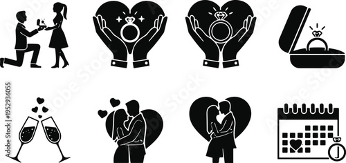 Wedding and engagement icon set featuring black silhouettes of marriage proposals, diamond rings, romantic couples, champagne toasts, and wedding date calendars for graphic design.