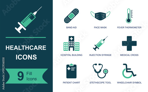 Healthcare icon set. Containing band aid, face mask, thermometer, hospital building, syringe, medical cross, patient chart, stethoscope, wheelchair symbol and more. Solid vector icons.