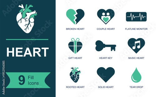Heart icon set. Containing broken heart, couple heart, flatline monitor, gift heart, heart key, music heart, rooted heart, solid heart, tear drop and more. Solid fill vector icons.