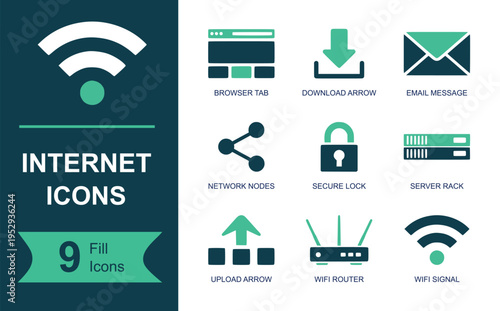 Internet icon set. Containing browser tab, download arrow, email message, network nodes, secure lock, server rack, upload arrow, wifi router, wifi signal and more. Solid vector icons.