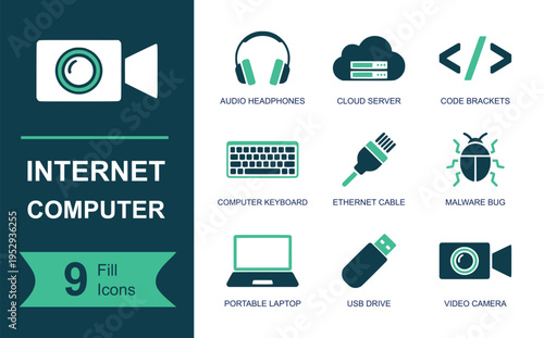 Internet computer icon set. Containing audio headphones, cloud server, code brackets, keyboard, ethernet cable, malware bug, laptop, USB drive, video camera and more. Solid vector icons.