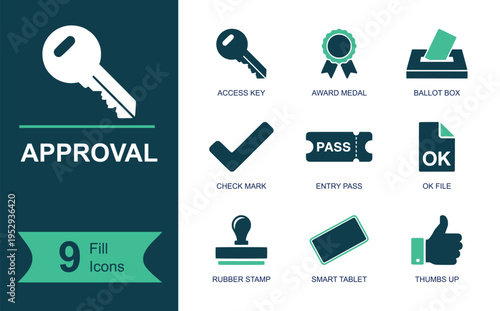 Approval icon set. Containing access key, award medal, ballot box, check mark, entry pass, ok file, rubber stamp, smart tablet, thumbs up, verification and more. Solid vector icons.