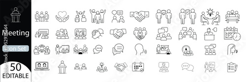 corporate meeting icon set. Symbols for meeting, seminar, online conference, schedule, teamwork, and office presentation in flat blue style.