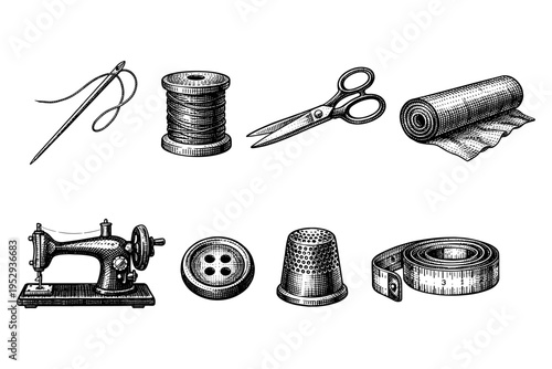 Vintage sewing tools collection including a sewing machine, needle, thread, scissors, and fabric roll