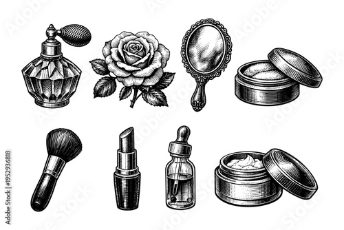 Vintage beauty essentials collection: perfume bottle, rose, mirror, lipstick, and creams