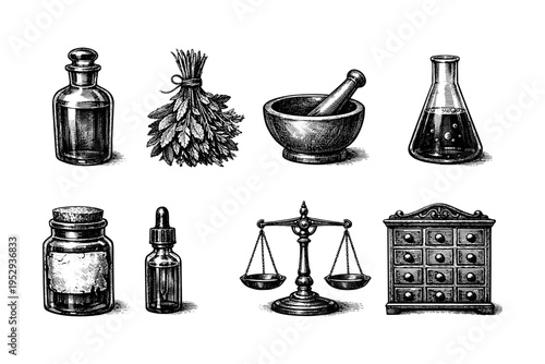Vintage apothecary and laboratory equipment illustration with herbs and scales